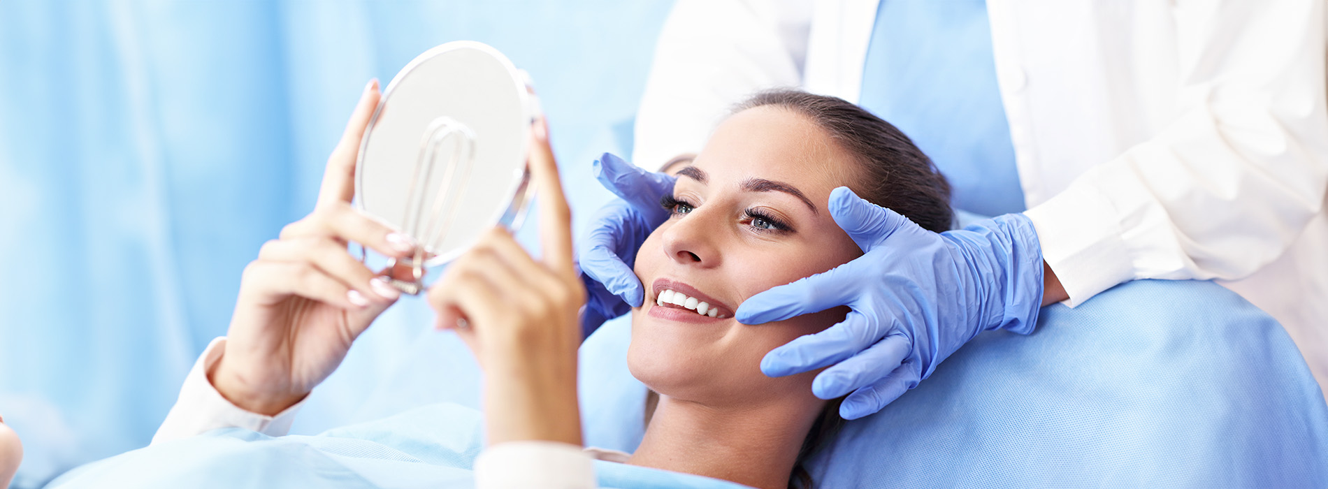 The image shows a person reclining on a dental chair with a smiling expression, while another individual appears to be performing a dental procedure, with medical equipment visible around them.