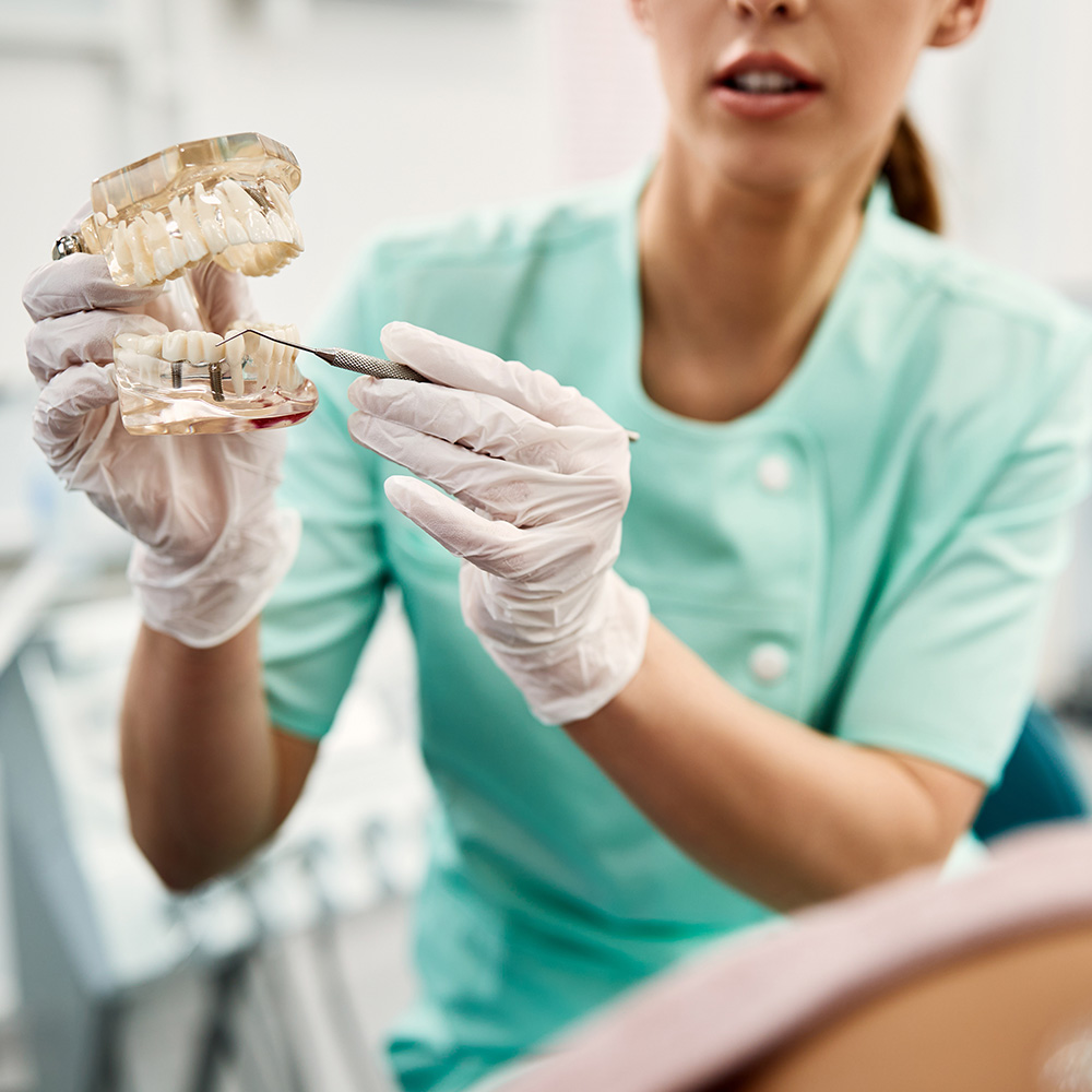 A dental hygienist wearing gloves and a face mask, examining a set of teeth with a magnifying glass.